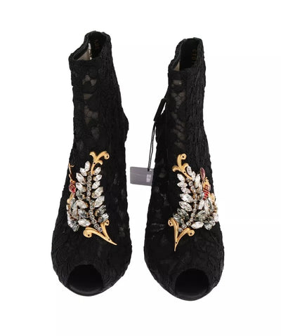 Bottines à talons aiguilles en dentelle et cristaux noirs Dolce &amp; Gabbana