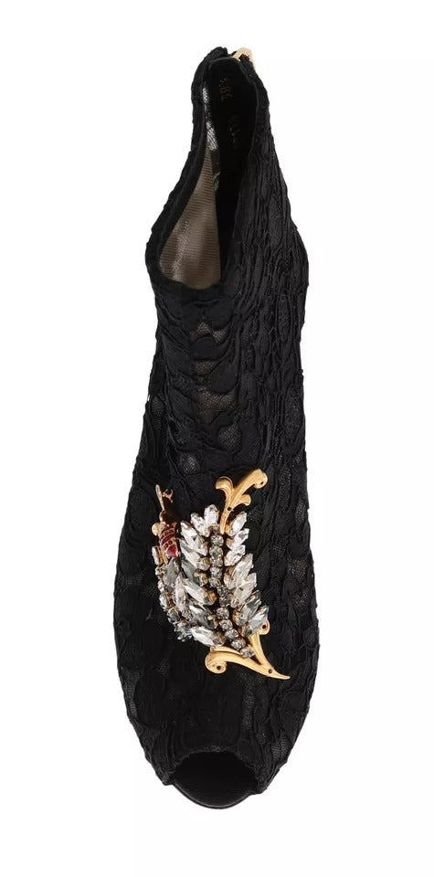 Bottines à talons aiguilles en dentelle et cristaux noirs Dolce &amp; Gabbana