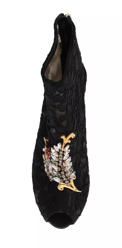 Bottines à talons aiguilles en dentelle et cristaux noirs Dolce &amp; Gabbana