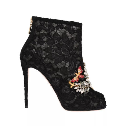 Bottines à talons aiguilles en dentelle et cristaux noirs Dolce &amp; Gabbana