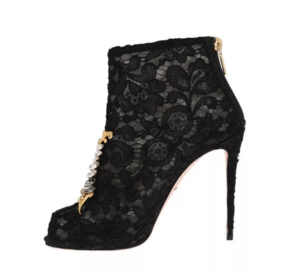 Bottines à talons aiguilles en dentelle et cristaux noirs Dolce &amp; Gabbana