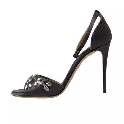 Dolce &amp; Gabbana Grijze Satijnen Enkelband Kristallen Sandalen Schoenen