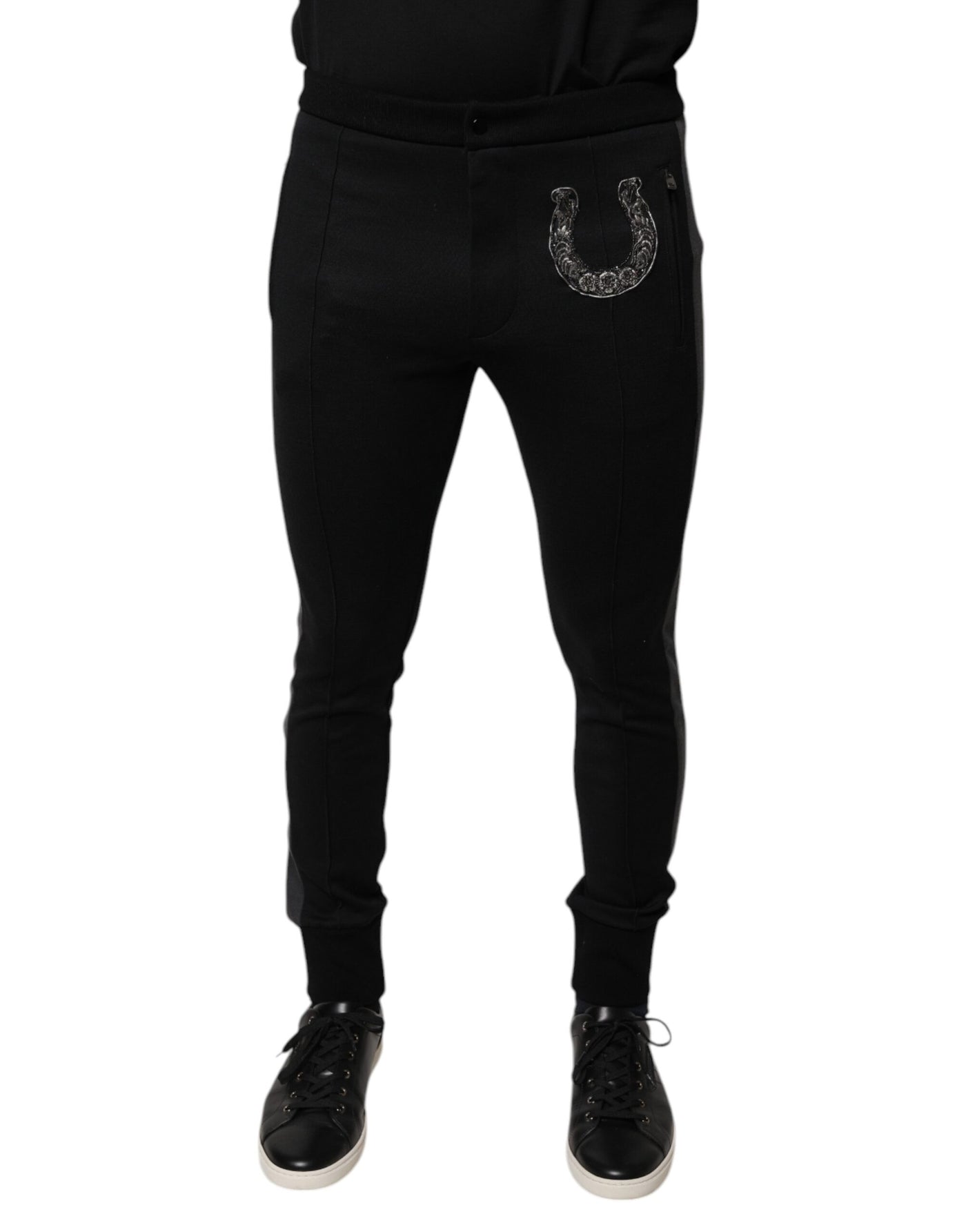 Dolce &amp; Gabbana Zwarte Slim Fit Broek met Hoefijzerversiering van Wol
