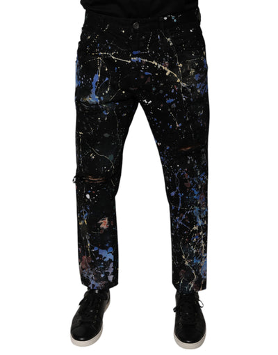 Dolce &amp; Gabbana Zwarte Kleur Splash Katoenen Skinny Denim Jeans