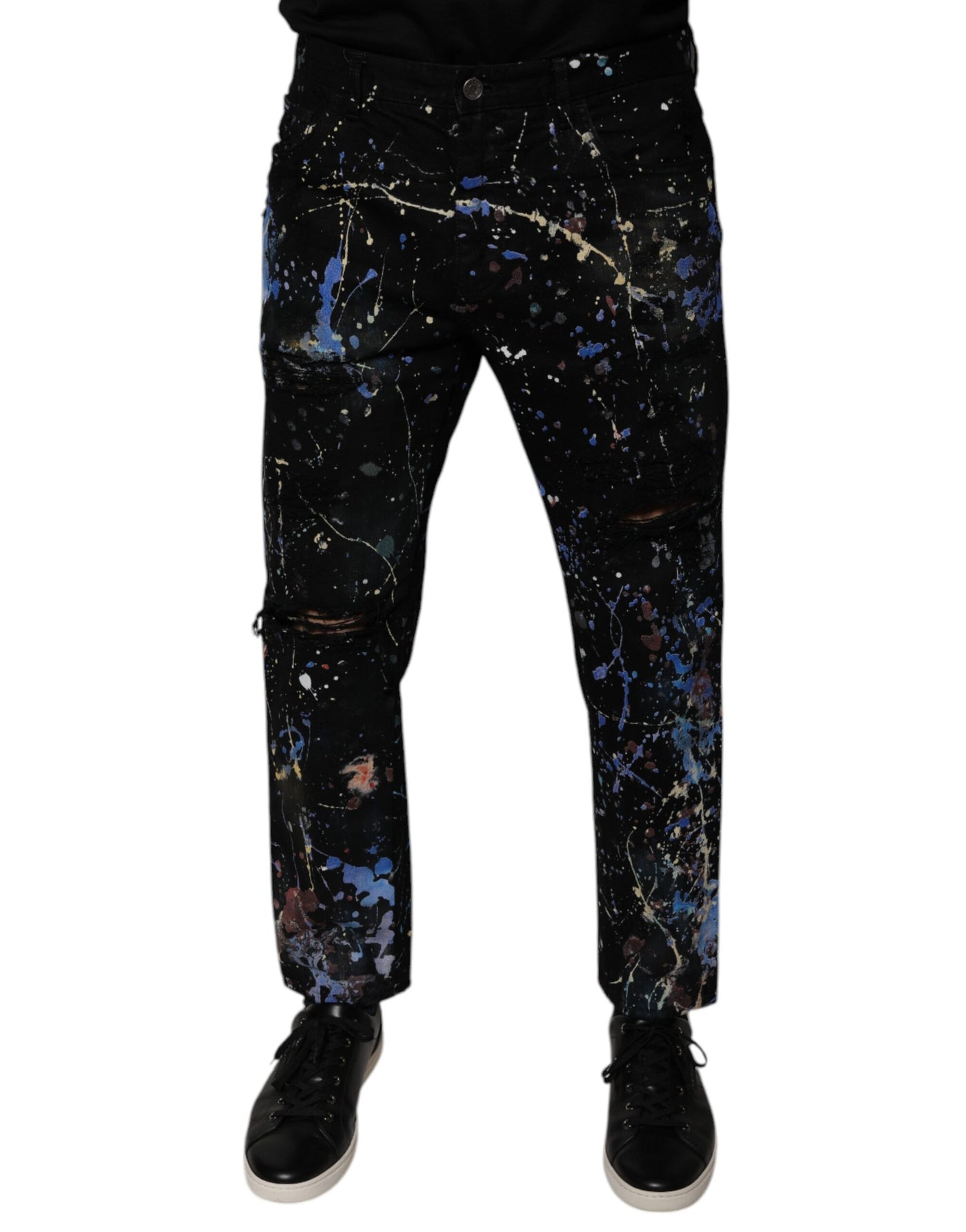 Dolce &amp; Gabbana Zwarte Kleur Splash Katoenen Skinny Denim Jeans