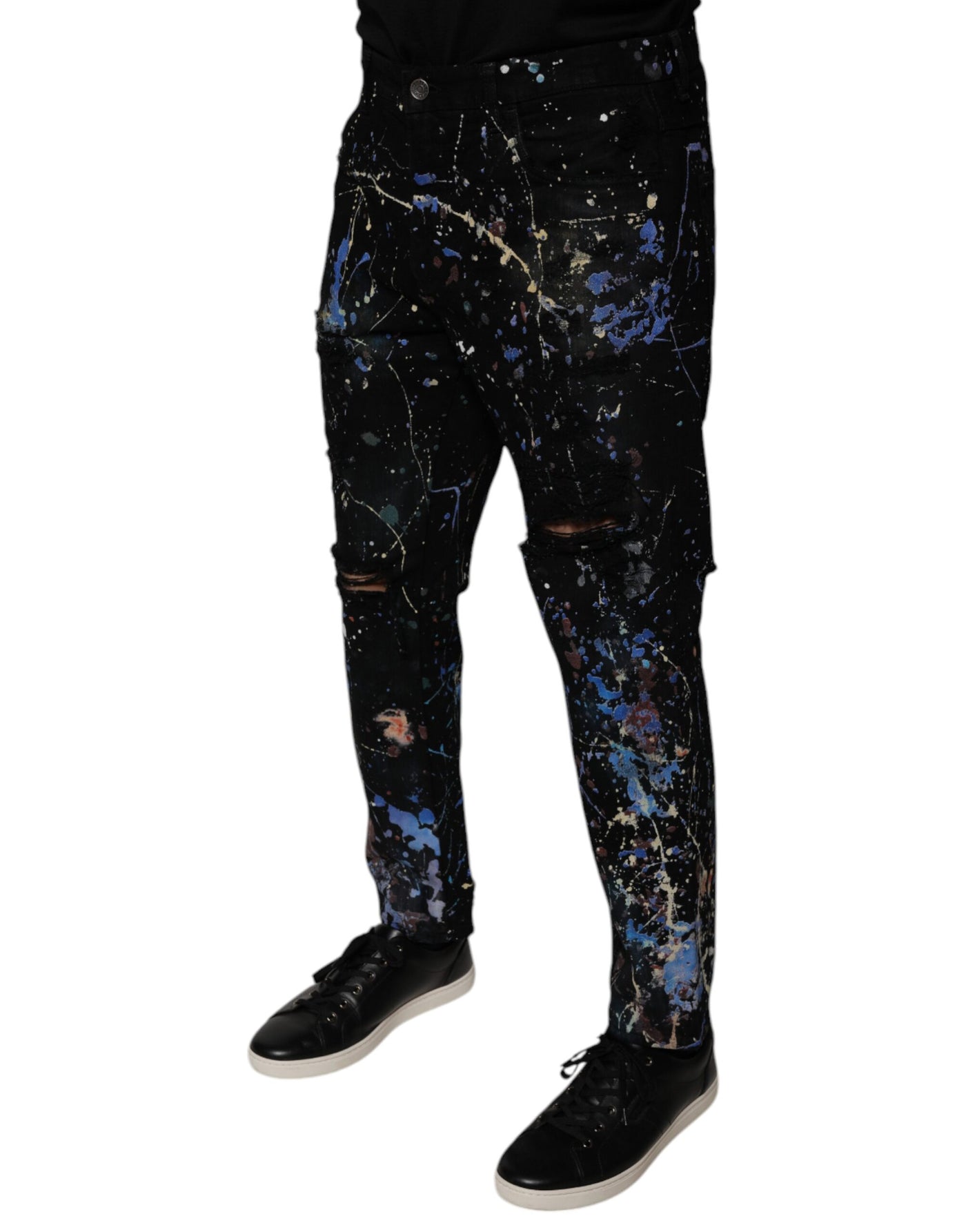 Dolce &amp; Gabbana Zwarte Kleur Splash Katoenen Skinny Denim Jeans