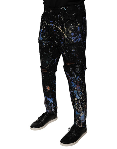 Dolce &amp; Gabbana Zwarte Kleur Splash Katoenen Skinny Denim Jeans