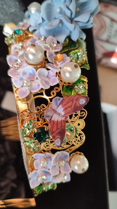 Dolce &amp; Gabbana Gouden Kristal Paarse Hortensia Hoofdband Kroon Diadeem