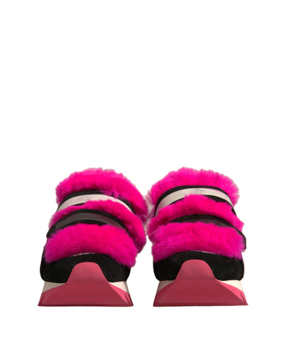 Dolce &amp; Gabbana Zwarte Roze Met Bont Versierde Sneakers Schoenen