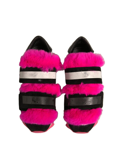 Dolce &amp; Gabbana Zwarte Roze Met Bont Versierde Sneakers Schoenen