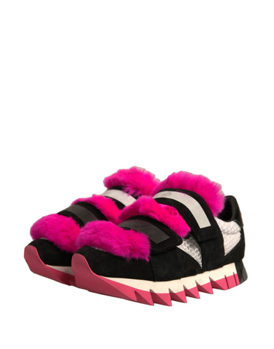 Dolce &amp; Gabbana Zwarte Roze Met Bont Versierde Sneakers Schoenen