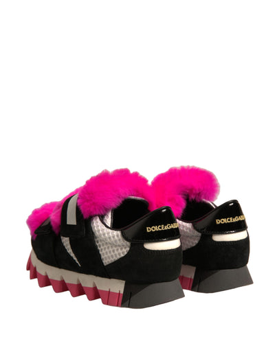 Dolce &amp; Gabbana Zwarte Roze Met Bont Versierde Sneakers Schoenen