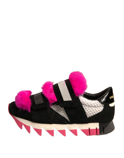 Dolce &amp; Gabbana Zwarte Roze Met Bont Versierde Sneakers Schoenen
