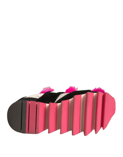 Dolce &amp; Gabbana Zwarte Roze Met Bont Versierde Sneakers Schoenen