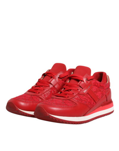 Dolce &amp; Gabbana rode leren sneakers met bloemenkant