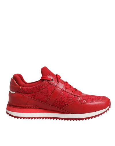 Dolce &amp; Gabbana rode leren sneakers met bloemenkant