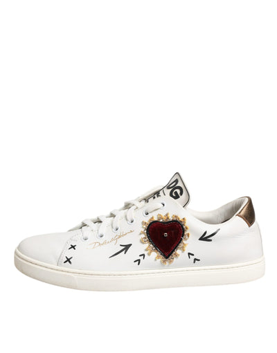 Dolce &amp; Gabbana Witte Leren Sneakers met Hartversiering