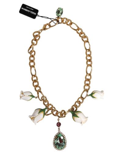 Dolce &amp; Gabbana Gouden Messing Korte Ketting Bloem Kristal Hanger Ketting