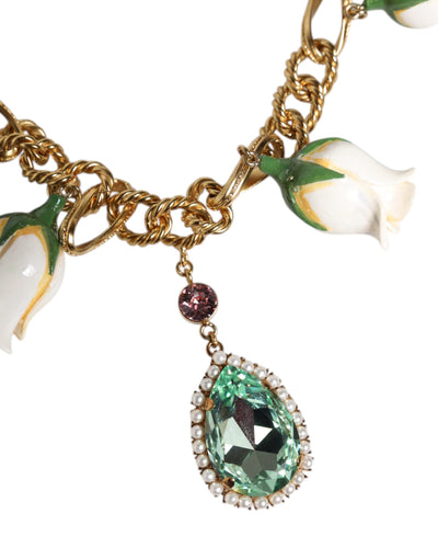 Dolce &amp; Gabbana Gouden Messing Korte Ketting Bloem Kristal Hanger Ketting
