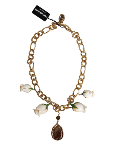 Dolce &amp; Gabbana Gouden Messing Korte Ketting Bloem Kristal Hanger Ketting