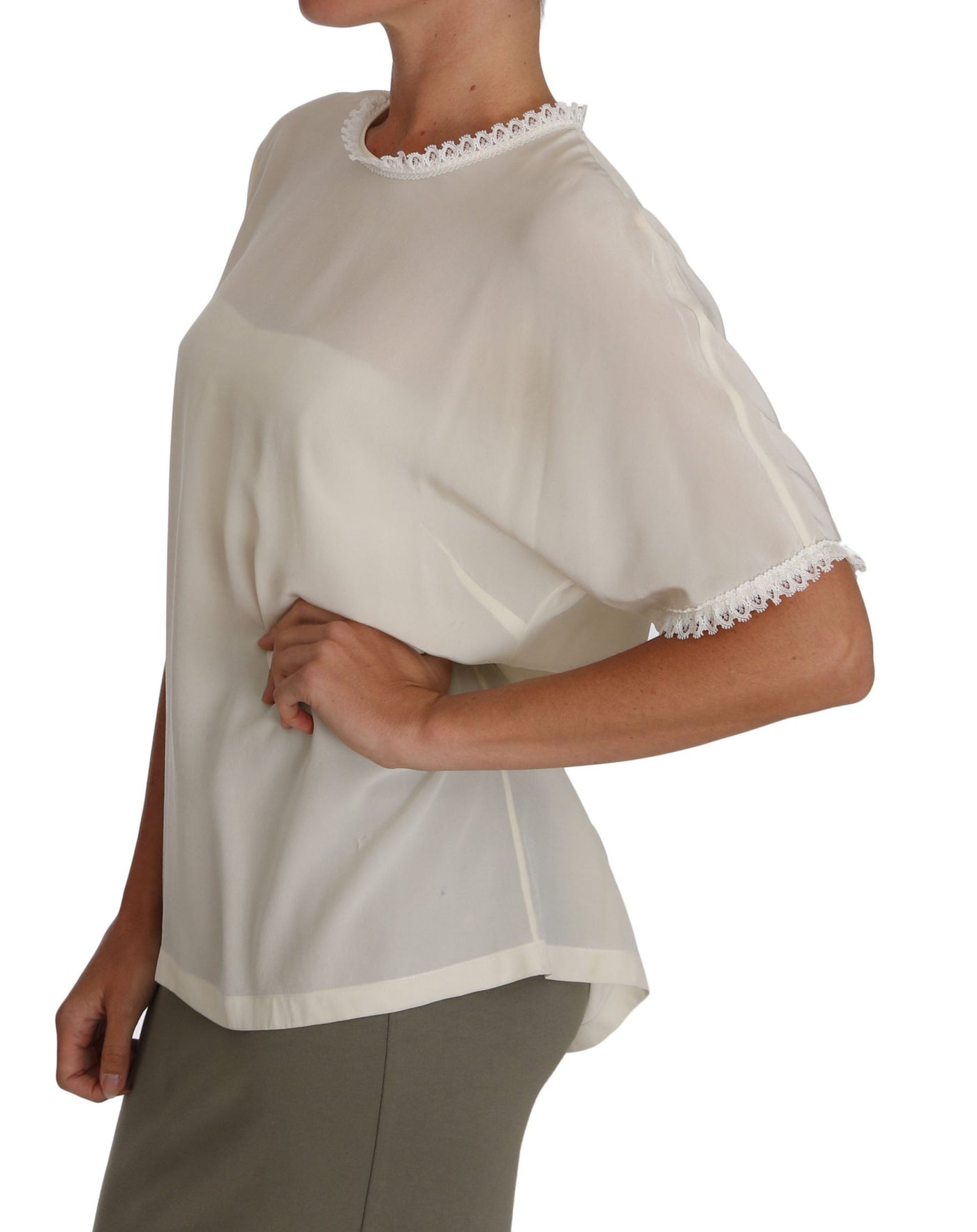 Dolce &amp; Gabbana Witte Crème Zijden Kanten Top Blouse T-shirt