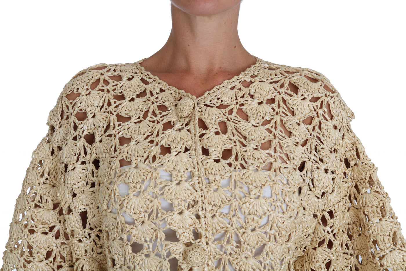 Dolce &amp; Gabbana Cardigan beige Pull en raphia tricoté au crochet