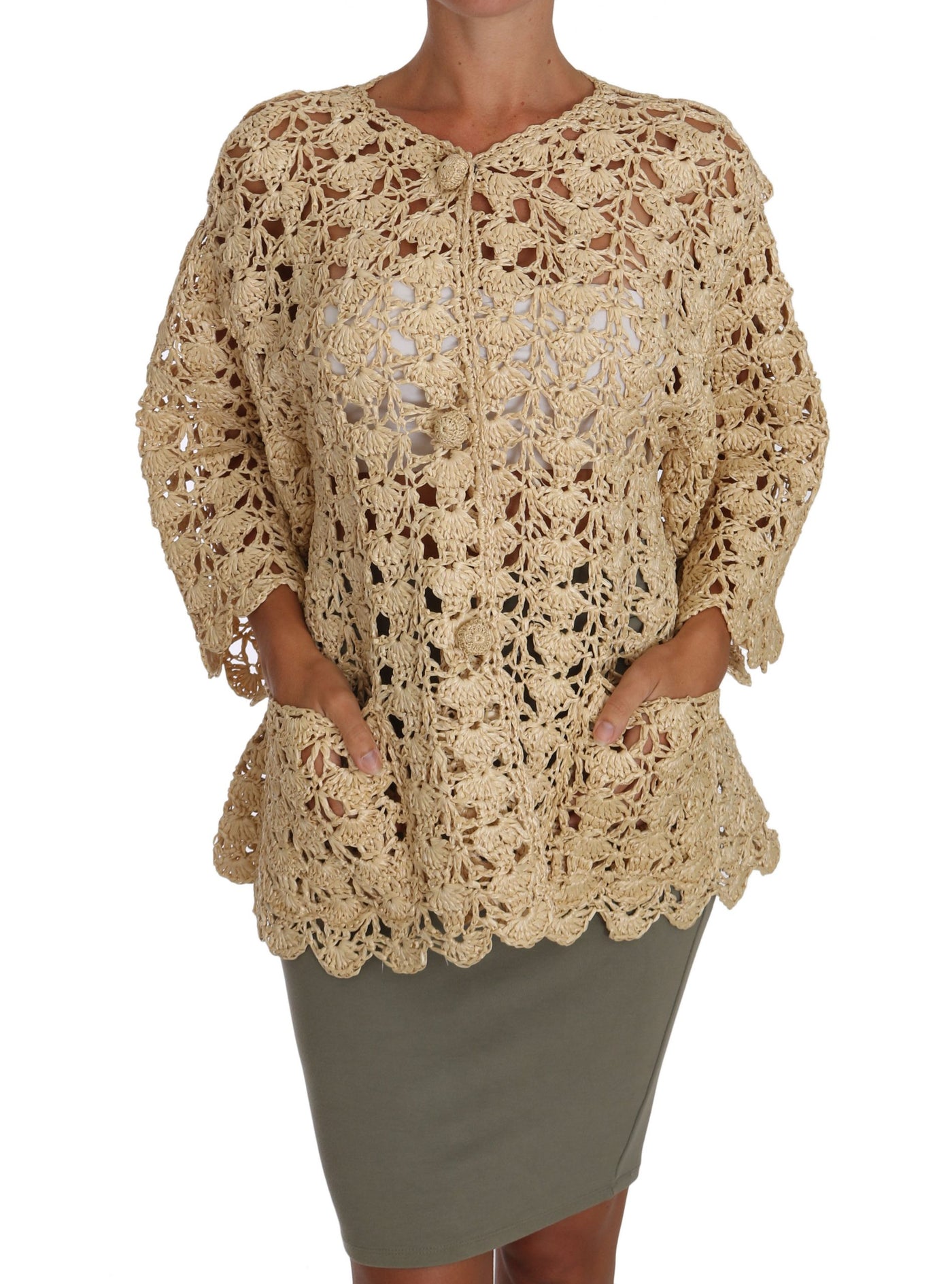 Dolce &amp; Gabbana Cardigan beige Pull en raphia tricoté au crochet