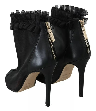 Mangano Black Leather Mesh Stiletto High Heels Peep Toe Boots Shoes