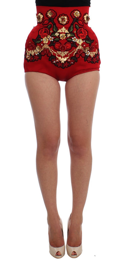 Short Dolce &amp; Gabbana en soie rouge avec cristaux roses 