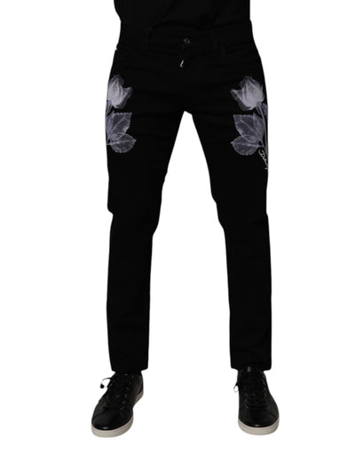 Dolce &amp; Gabbana Zwarte Bloemen Katoenen Skinny Heren Denim Jeans