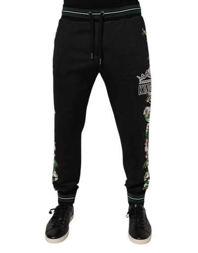 Dolce &amp; Gabbana Zwarte Bloemen King Heren Jogger Sweatpants Broek