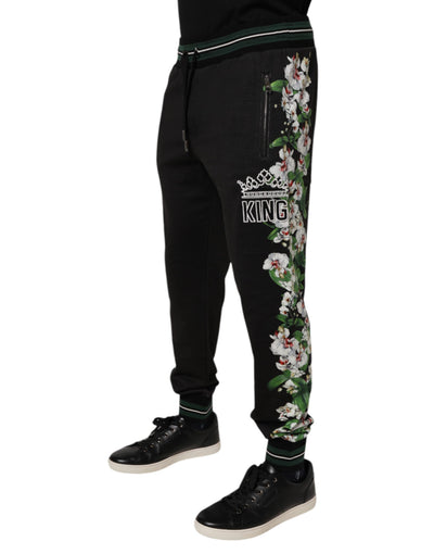 Dolce &amp; Gabbana Zwarte Bloemen King Heren Jogger Sweatpants Broek