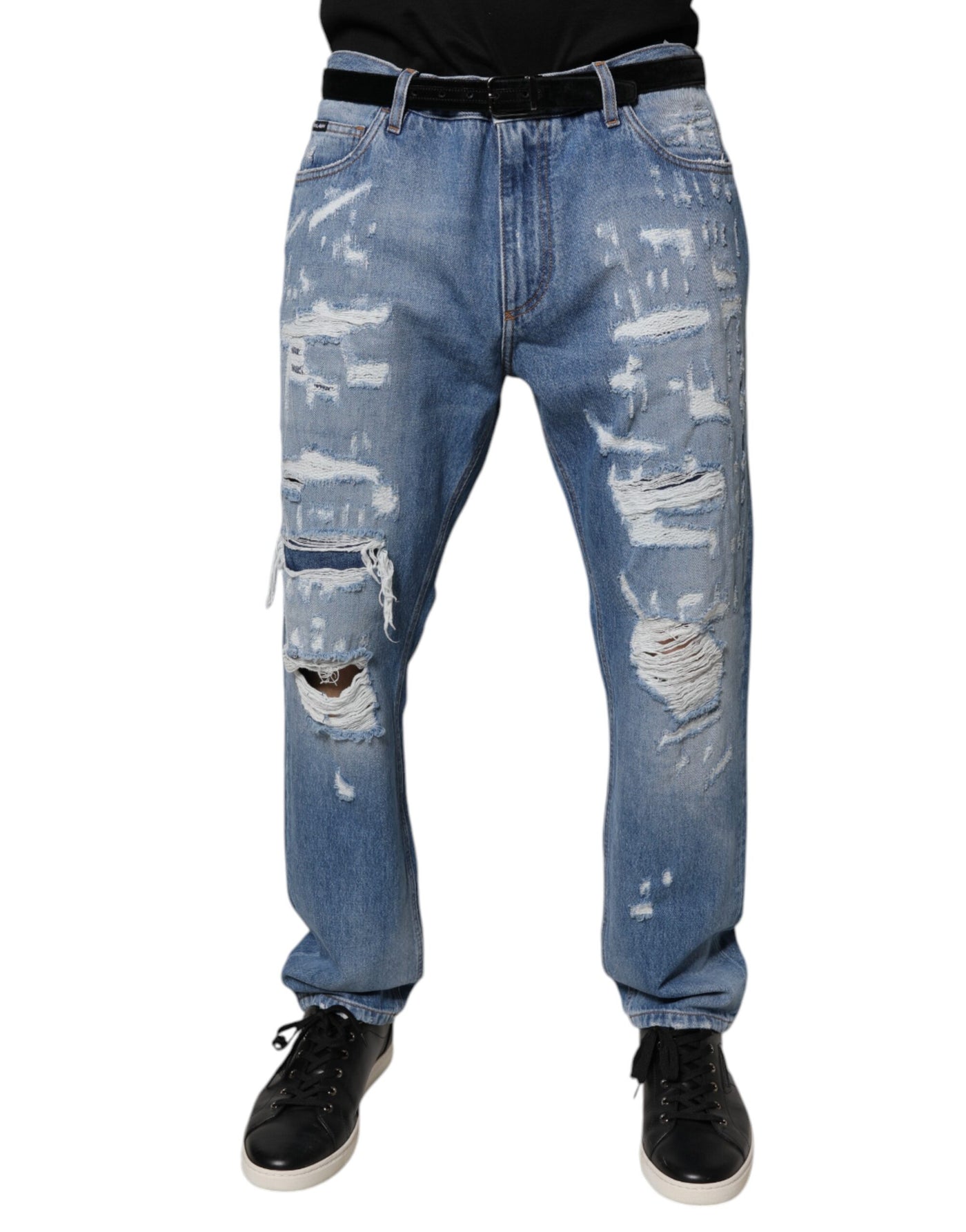 Dolce &amp; Gabbana blauwe gescheurde rechte katoenen denim jeans