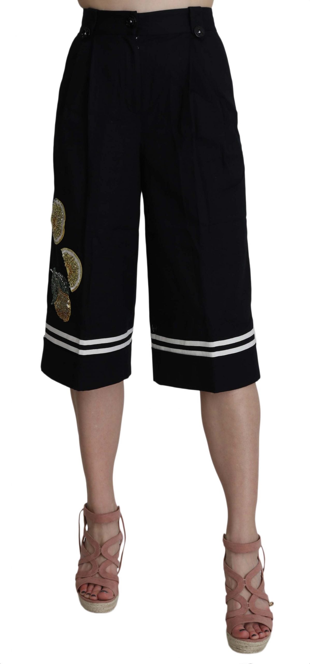 Pantalon court en coton noir à ornements Dolce &amp; Gabbana