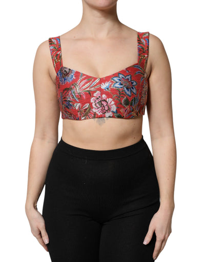 Dolce &amp; Gabbana Rode Bloemenbrokaat Cropped Bustier Corset Top