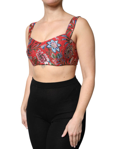 Dolce &amp; Gabbana Rode Bloemenbrokaat Cropped Bustier Corset Top
