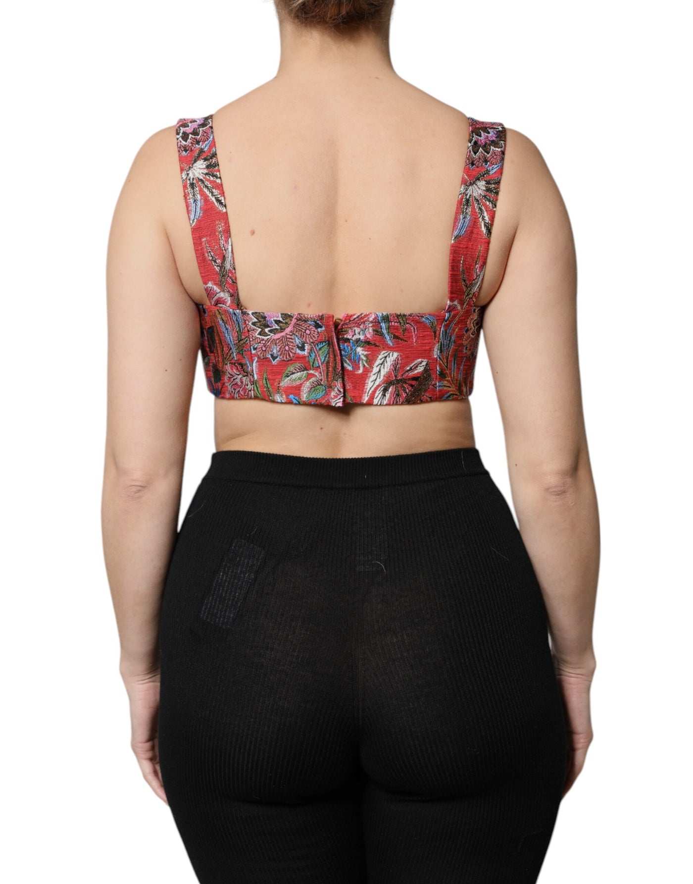 Dolce &amp; Gabbana Rode Bloemenbrokaat Cropped Bustier Corset Top