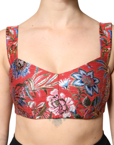 Dolce &amp; Gabbana Rode Bloemenbrokaat Cropped Bustier Corset Top