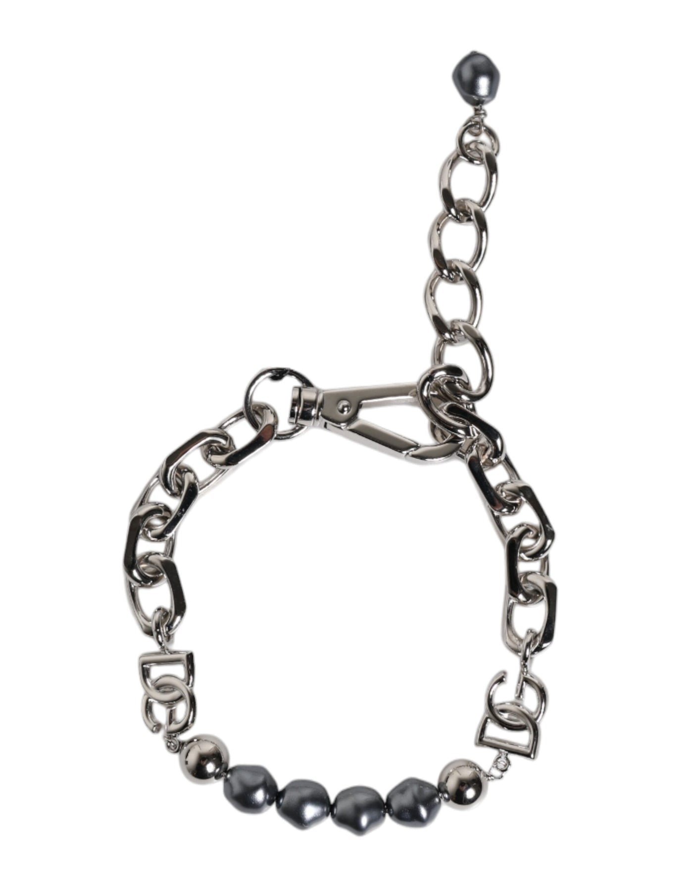 Dolce &amp; Gabbana Zilveren Ketting Karabijnsluiting Logo Grijze Parels Armband