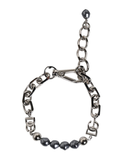 Dolce &amp; Gabbana Zilveren Ketting Karabijnsluiting Logo Grijze Parels Armband