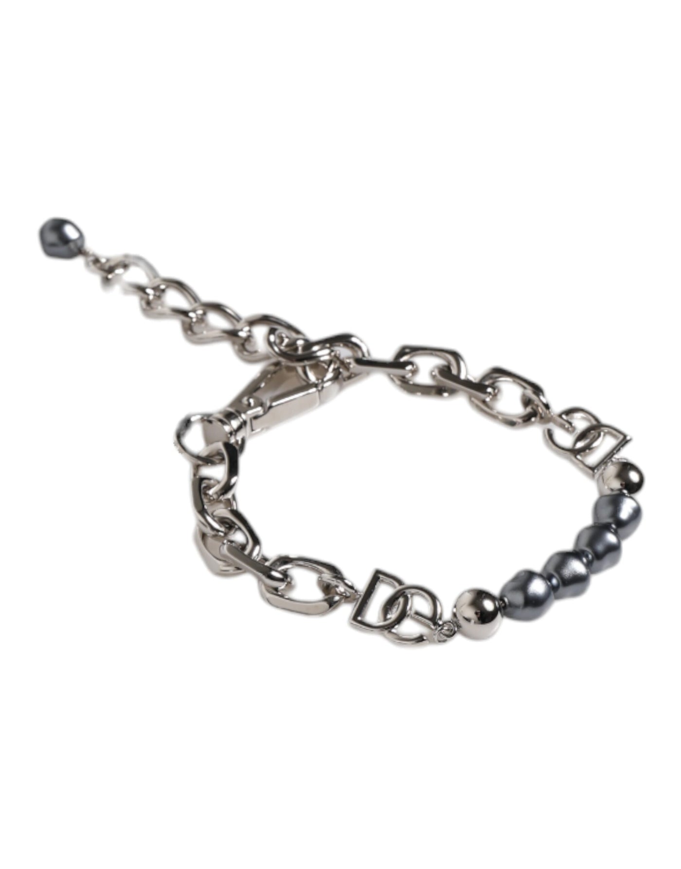 Dolce &amp; Gabbana Zilveren Ketting Karabijnsluiting Logo Grijze Parels Armband
