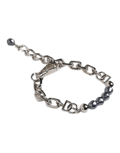 Dolce &amp; Gabbana Zilveren Ketting Karabijnsluiting Logo Grijze Parels Armband