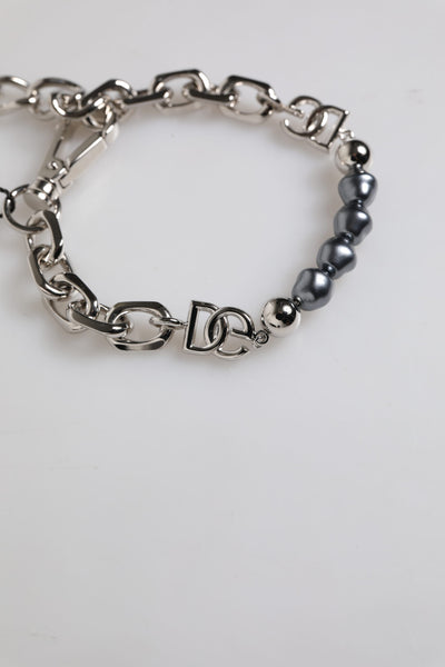 Dolce &amp; Gabbana Zilveren Ketting Karabijnsluiting Logo Grijze Parels Armband