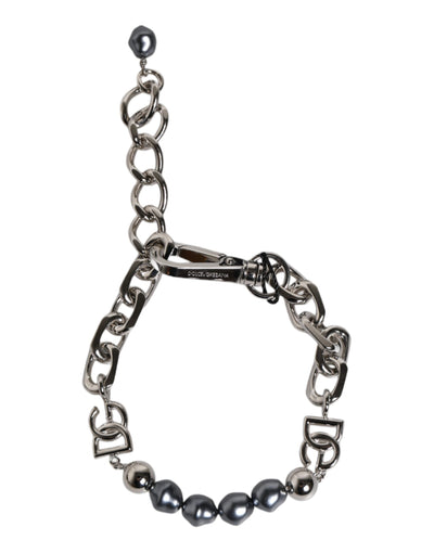 Dolce &amp; Gabbana Zilveren Ketting Karabijnsluiting Logo Grijze Parels Armband