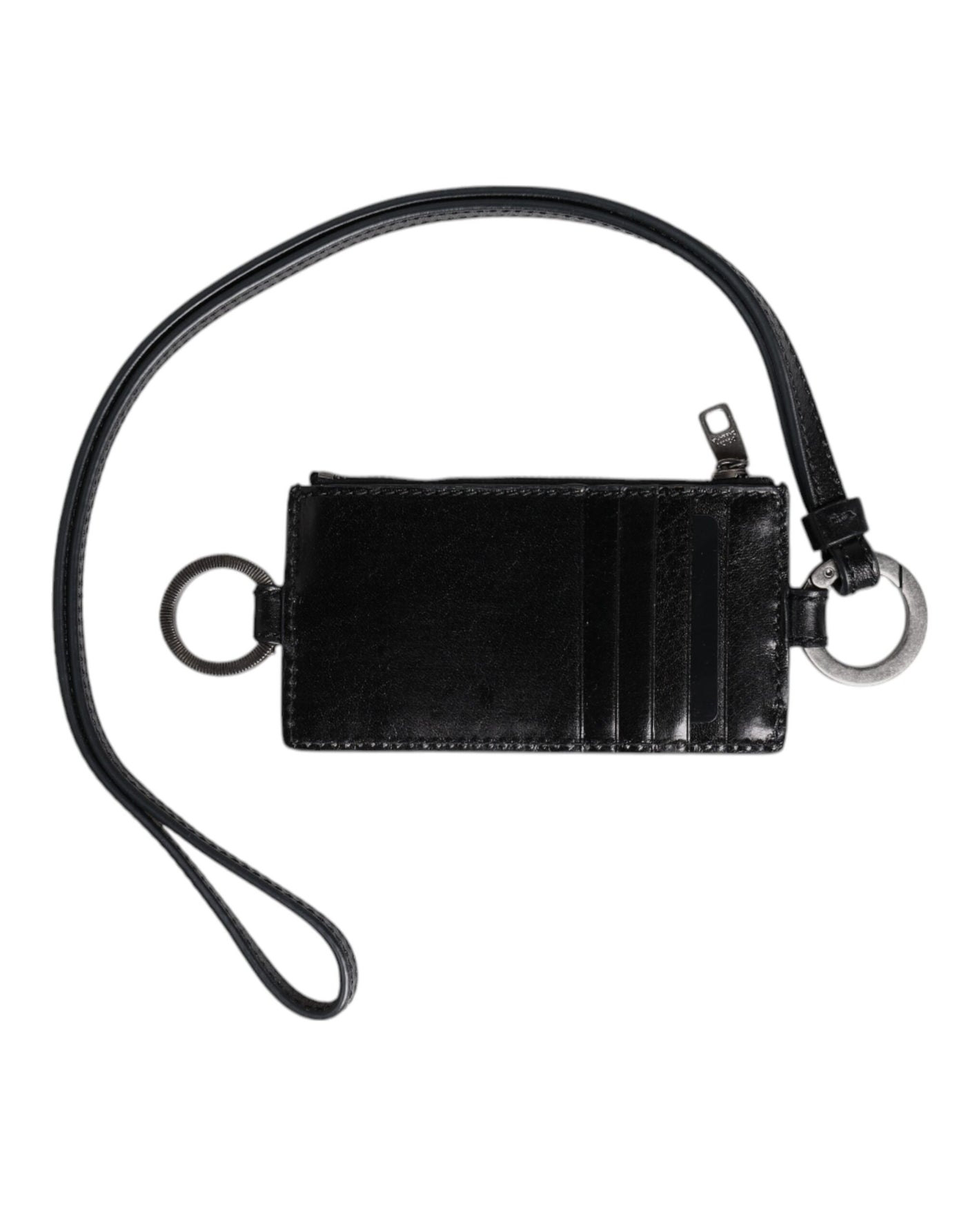 Dolce &amp; Gabbana Zwarte Leren Logo Reliëf Lanyard Kaarthouder Portemonnee