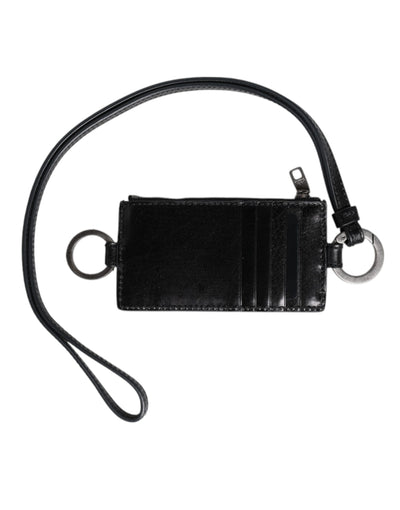 Dolce &amp; Gabbana Zwarte Leren Logo Reliëf Lanyard Kaarthouder Portemonnee