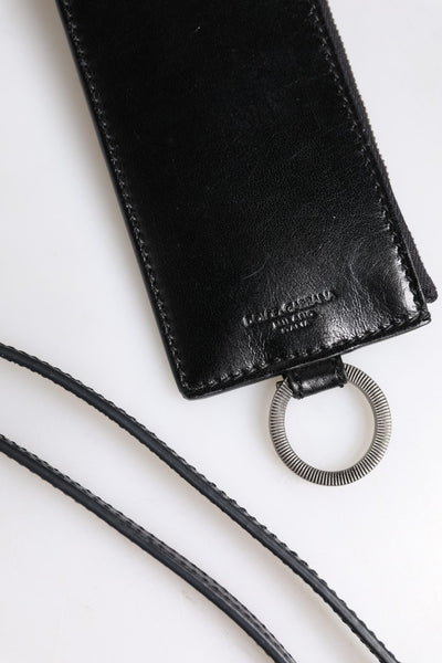 Dolce &amp; Gabbana Zwarte Leren Logo Reliëf Lanyard Kaarthouder Portemonnee