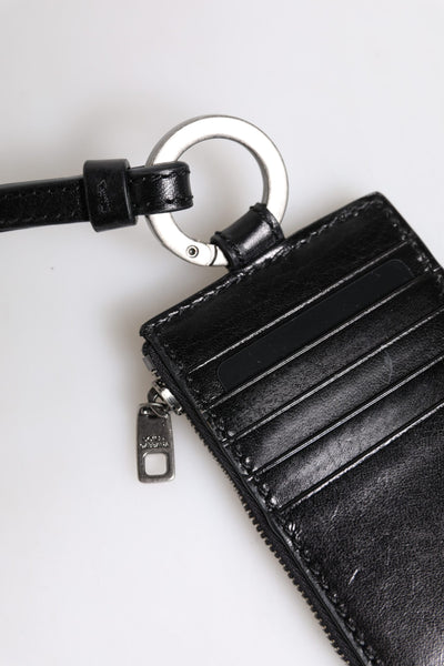 Dolce &amp; Gabbana Zwarte Leren Logo Reliëf Lanyard Kaarthouder Portemonnee