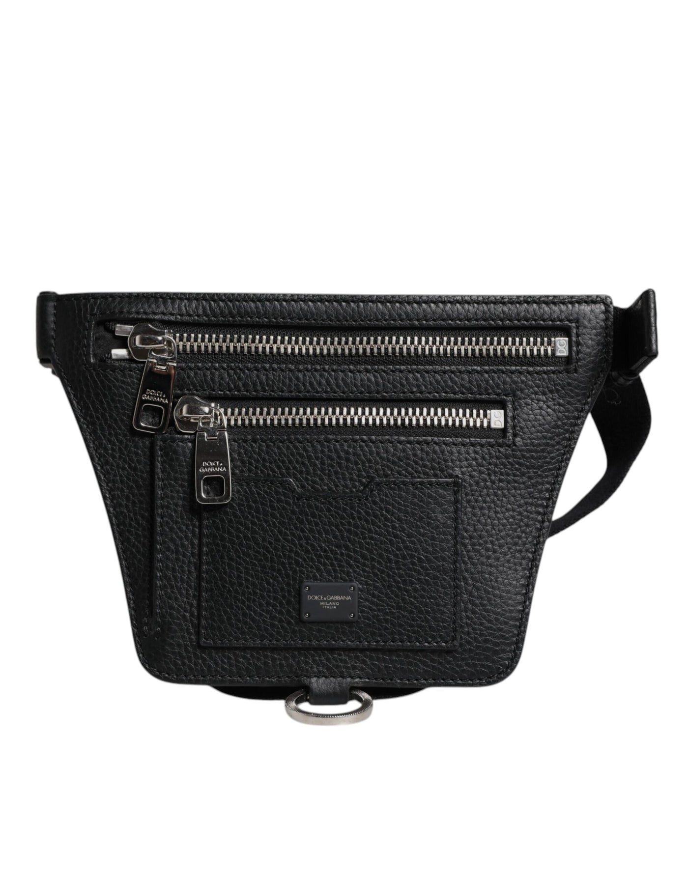 Dolce &amp; Gabbana Zwarte Kalfsleren Logo Plaque Riem Taille Heren Heuptas