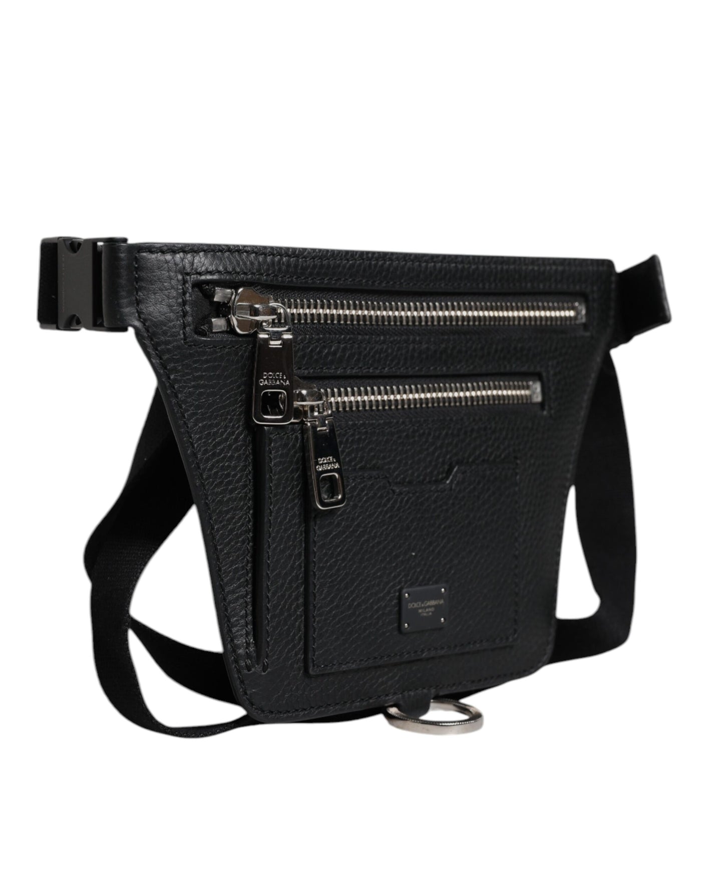 Dolce &amp; Gabbana Zwarte Kalfsleren Logo Plaque Riem Taille Heren Heuptas